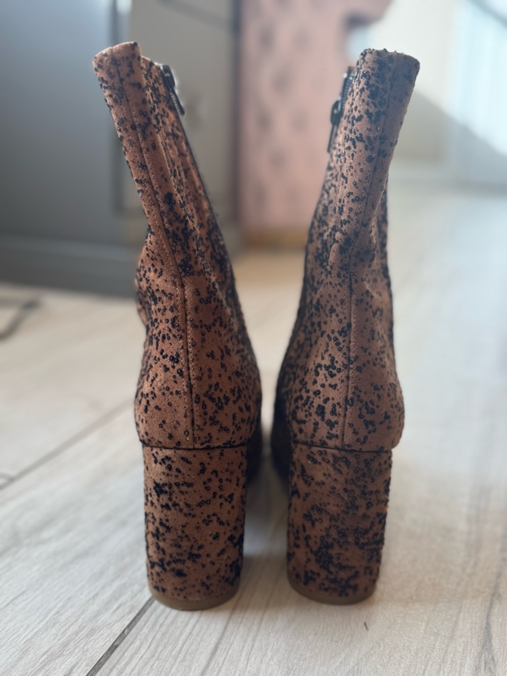 Like New! MIISTA Adrianna Printed Glitter Block Heel Ankle Boots - Picture 6 of 14